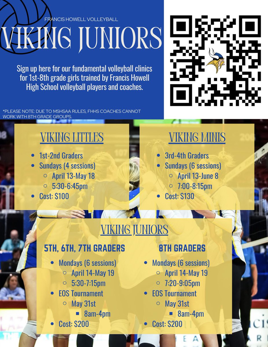It’s that time of the year again!! We are excited to begin our 2nd year of Viking Juniors!

More details on specific dates will be in the link associated with the QR code. Link will also be in our bio!

We can’t wait to work with our juniors again this year! Sign up early!!💙💛🏐