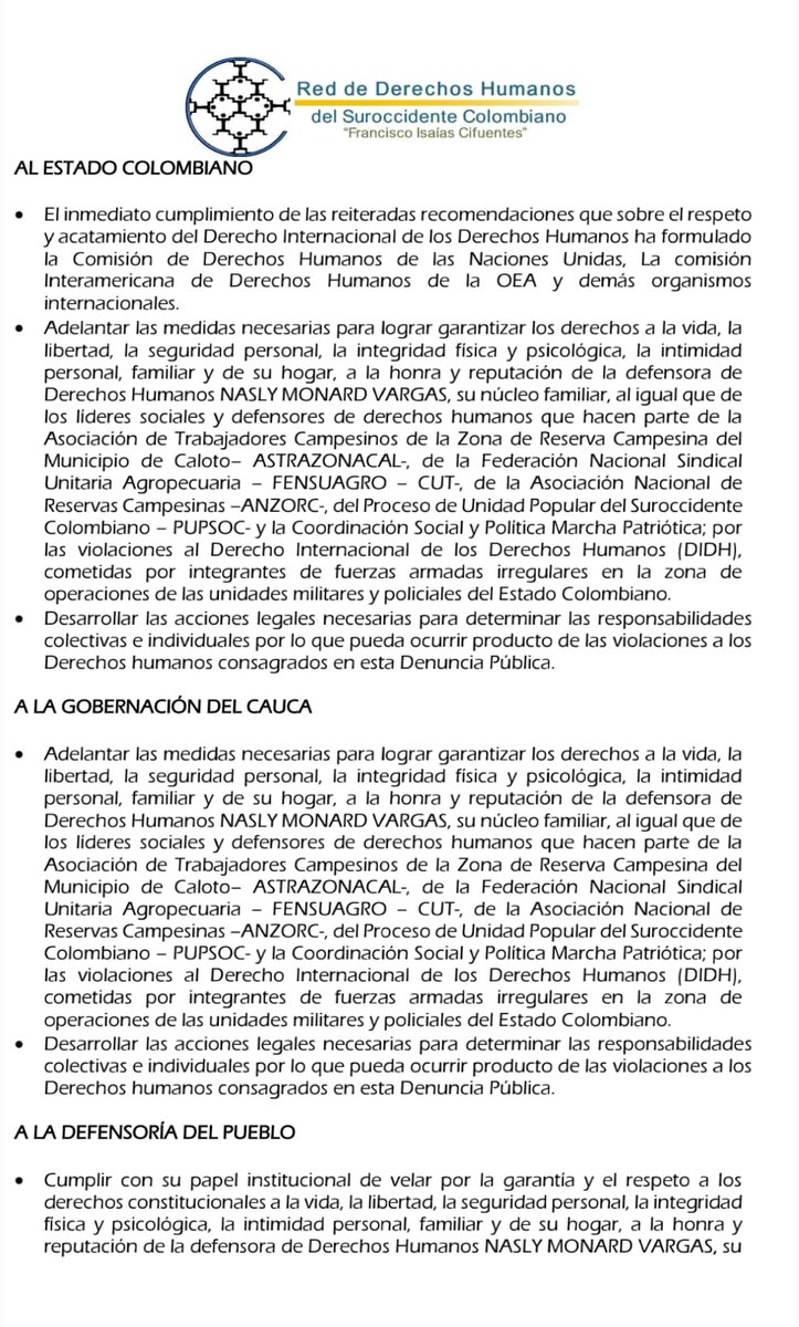 DENUNCIA PUBLICA || 13 febrero 2025 || #Caloto, #Cauca

Señalamientos e intimidaciones ponen en riesgo inminente la vida, seguridad e integridad personal de la lideresa social y defensora de DDHH NASLY MONARD VARGAS,  quien es vocal y hace parte de la directiva de la