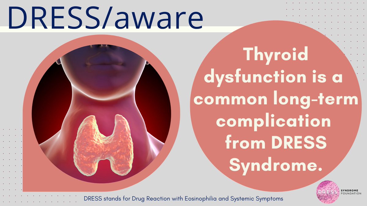 Over 10% of DRESS Syndrome patients develop long-term complications. 💊 

Thyroid dysfunction affects ~ 4% of patients. 
- Hashimoto thyroiditis
- Graves’ disease

➡️ Long-term screening is critical!

Reference article on Graves’ &amp; Hashimoto diseases: ow.ly/ppoI50UZwaB