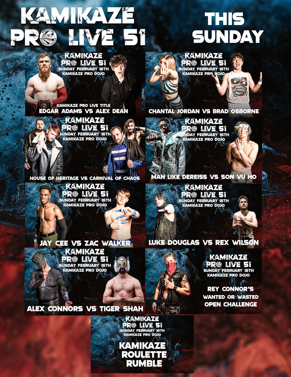 The full card for #KPLive51 this Sunday in Birmingham

<a href="/JayCeeWrestler/">Josh (Jay Cee)</a> vs <a href="/zac_walker_pw/">Zac Walker</a> 
<a href="/luke_hero21/">Luke 🙃</a> vs Rex Wilson
<a href="/TheMirrorcat/">Alex Connors</a> vs Tiger Shah
Rey Connor's Wanted Or Wasted Open Challenge
Kamikaze Roulette Rumble

Tickets:
ringsideworld.co.uk/events.php?id=…