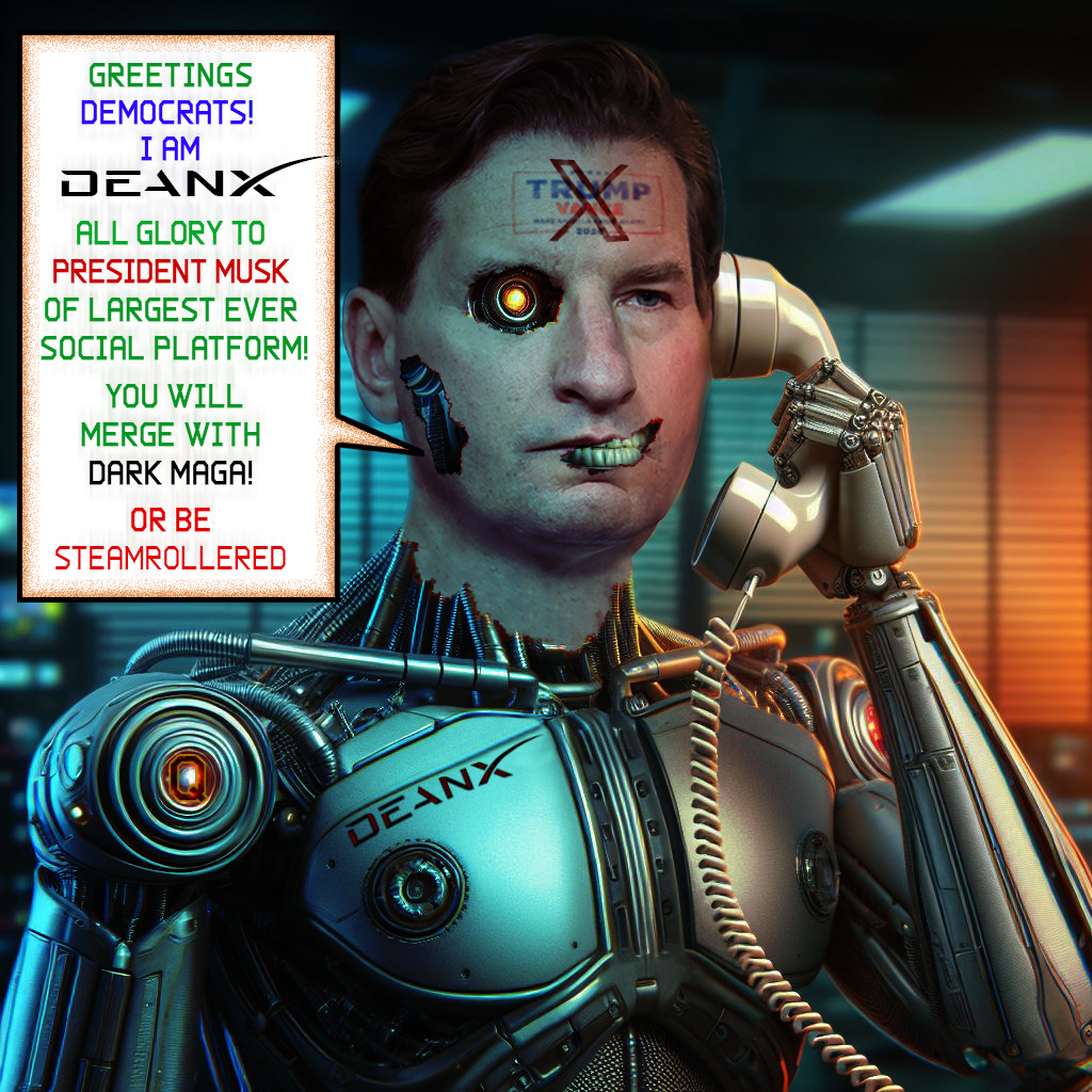 Language (@spookybacon) on Twitter photo <a href="/MsMalarkey24/">Ms. M @msmalarkey24.bsky πΊπΈπ€πΊπ¦</a> <a href="/deanbphillips/">Dean Phillips</a> I reprogrammed RoboCall Dean last night. He now responds to the name DeanX.
DeanX runs on Musk's Optimus AI from the related humanoid robot project. This new model should help improve his skills at convincing Democrats to join THEM.
I also upgraded the old DeanX situation <a href="/MsMalarkey24/">Ms. M @msmalarkey24.bsky πΊπΈπ€πΊπ¦</a> <a href="/deanbphillips/">Dean Phillips</a> I reprogrammed RoboCall Dean last night. He now responds to the name DeanX.
DeanX runs on Musk's Optimus AI from the related humanoid robot project. This new model should help improve his skills at convincing Democrats to join THEM.
I also upgraded the old DeanX situation