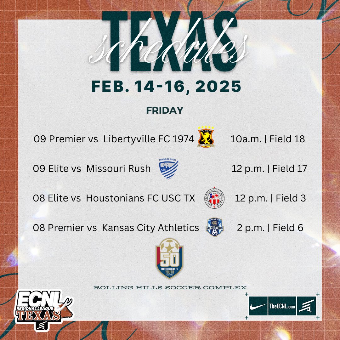 We are ready for ECNL Regional League Texas! 08 Elite, 08 Premier, 09 Elite and 09 Premier kickoff their weekend tomorrow at Rolling Hills Soccer Complex. Go NCFC!