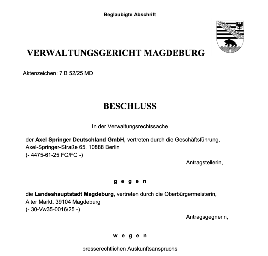 Gewonnen.

Und jetzt endlich her mit den Auskünften zum Sicherheitskonzept des Magdeburger Weihnachtsmarkt!

(Schlimm genug, dass man seinen presserechtlichen Auskunftsanspruch einklagen muss)

<a href="/welt/">WELT</a>