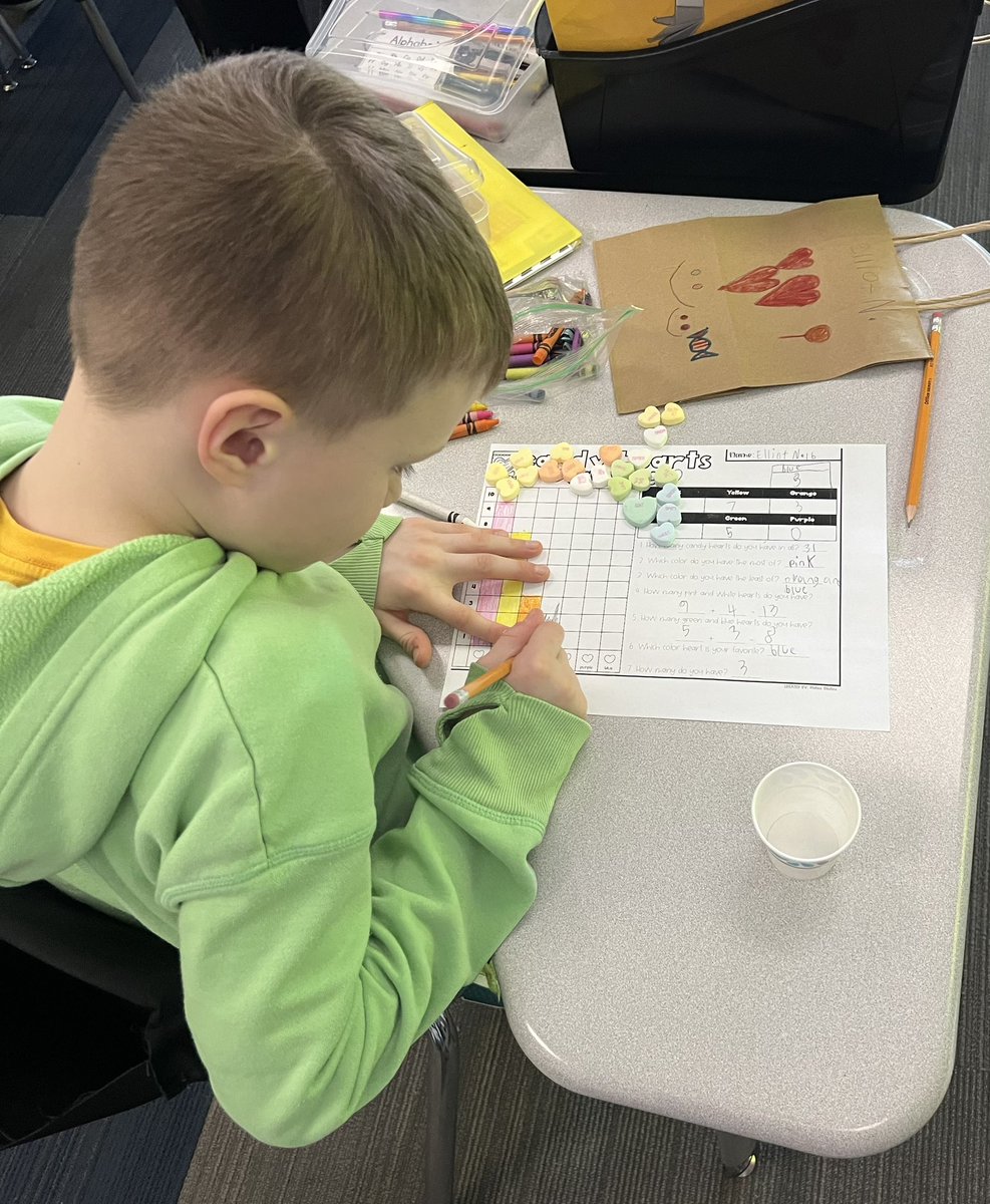 CSyreini's tweet image. Graphing and analyzing data with conversation hearts during math and writing character dialogue with conversation hearts during grammar…💙💛#wcsflight