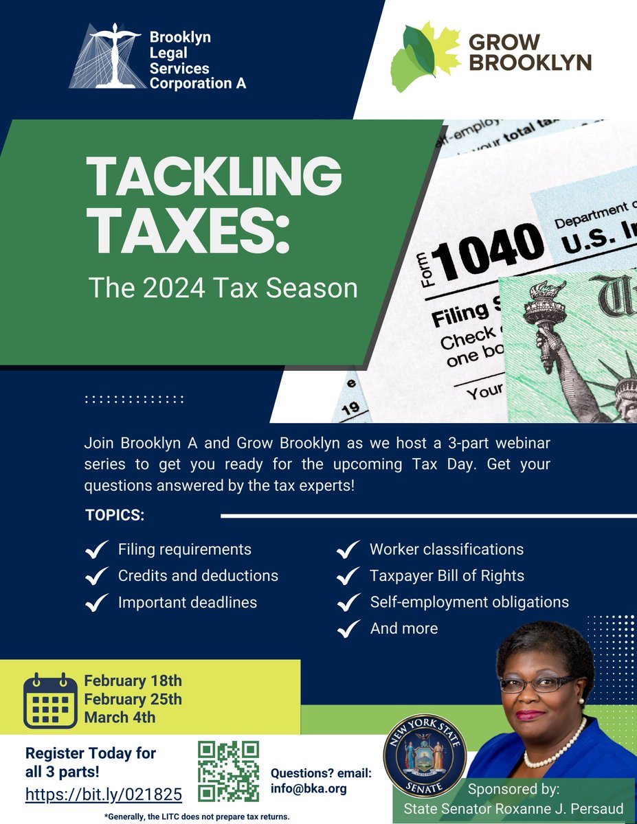 Grow Brooklyn (@growbrooklyn) on Twitter photo 🌱Tackling Taxes🌱
<a href="/BKALegal/">Brooklyn Legal Services Corporation A</a> & Grow Brooklyn, sponsored by State Senator Roxanne J. Persaud, present a free 3-part webinar series on how to tackle filing your 2024 taxes.
Feb 18 | Feb 25 | Mar 4
✍️ bit.ly/021825
#GrowBrooklyn #BKALegal #FreeWebinar #SenatorPersaud 🌱Tackling Taxes🌱
<a href="/BKALegal/">Brooklyn Legal Services Corporation A</a> & Grow Brooklyn, sponsored by State Senator Roxanne J. Persaud, present a free 3-part webinar series on how to tackle filing your 2024 taxes.
Feb 18 | Feb 25 | Mar 4
✍️ bit.ly/021825
#GrowBrooklyn #BKALegal #FreeWebinar #SenatorPersaud