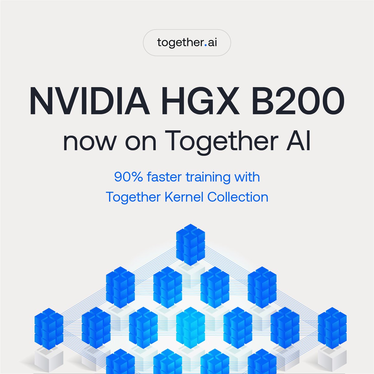 togethercompute's tweet photo. 🚀 Together AI Achieves 90% Faster BF16 Training with NVIDIA Blackwell Platform and Together Kernel Collection

Today we are announcing immediate access to Together GPU Clusters accelerated by the NVIDIA Blackwell platform, with an AI acceleration stack optimized for the latest GPU architecture.

Together GPU Clusters featuring NVIDIA HGX B200 deliver 90% faster training than NVIDIA HGX H100, powered by Together Kernel Collection to optimize performance at scale.

🏎 Test Drive NVIDIA Blackwell Platform – Apply by February 26. Work with NVIDIA and Together AI researchers to optimize performance.

📢 Apply for a free test drive today → https://t.co/at132RN5zD

📖 Read more in the full blog → https://t.co/GQqOkrJSFk