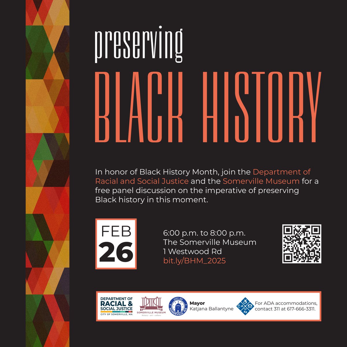In honor of Black History Month, join RSJ and the Somerville Museum for a free panel discussion about preserving Black history, its connection to the arts and culture, the Black diaspora, and more.

RSVP: bit.ly/BHM_2025