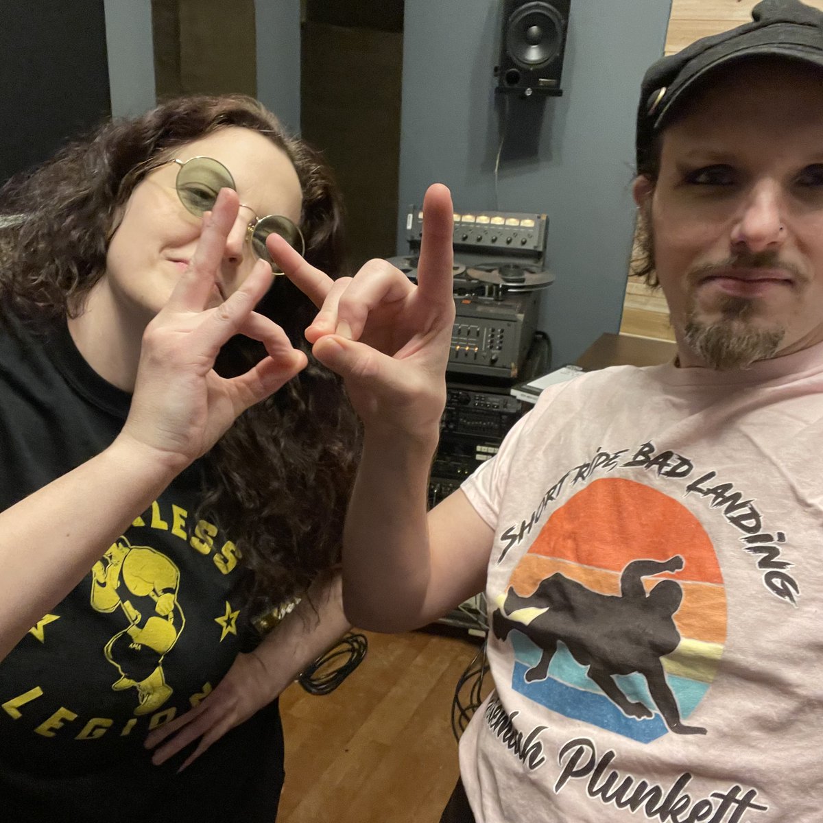 TheExBombers's tweet photo. When recording an entrance theme song for one’s favorite pro wrestler one must: 1. Harness the power of The Does (@nwa Mid America champ @Plunkitis &amp; Jay Kross) in t-shirt form. 2. Continue not to turn one’s back on the Wolfpac.
#nwa #recordingstudio #nwoforlife https://t.co/LGhoU4RO5D