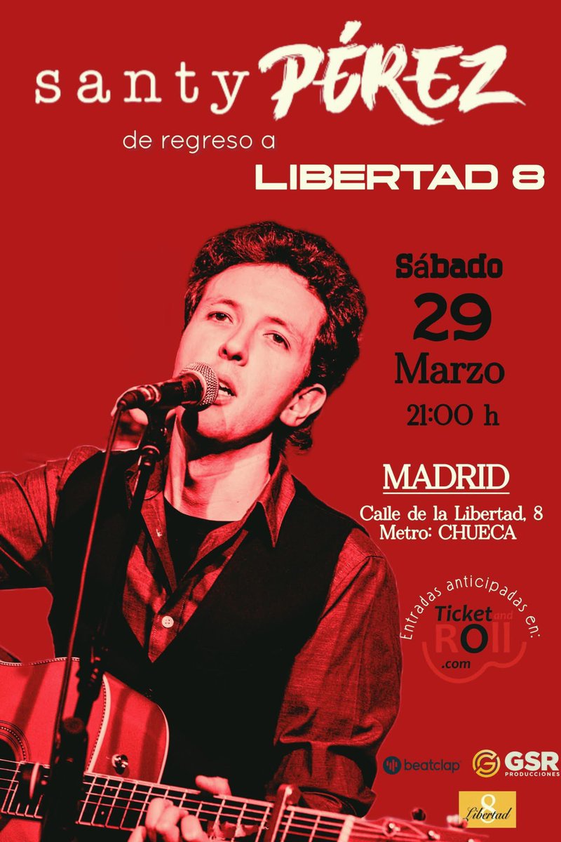 [SANTY PÉREZ] 

Santy Pérez vuelve a los escenarios tras más de un año alejado de los mismos. 

✅ DÍA: 29 marzo 2025, 21:00h 
✅ LUGAR: Café Libertad 8
✅ ENTRADA: Presencial 12,48€ / Streaming 6,24€ 

🎟 *COMPRA TU ENTRADA*
ticketandroll.com/evento/santy-p…

#GSRproducciones #OnTour