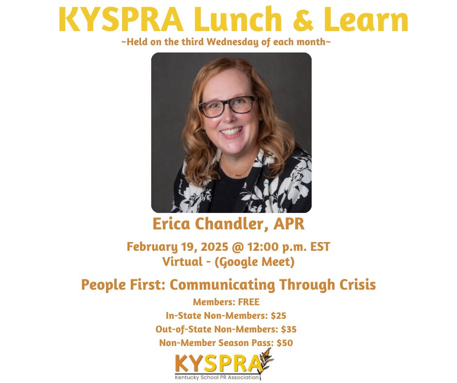 🔔REMINDER - Our February 2025 KYSPRA Lunch &amp; Learn will be held on Wednesday, Feb.  19 @ 12 PM EST on Google Meet. Erica Chandler, APR, will present, “People First: Communicating Through Crisis”! <a href="/ericajchandler/">Erica Chandler, APR</a> 
 
Registration: forms.gle/JGFr4xvesi2kUG…  
 
#SchoolPR
#KYSPRA
