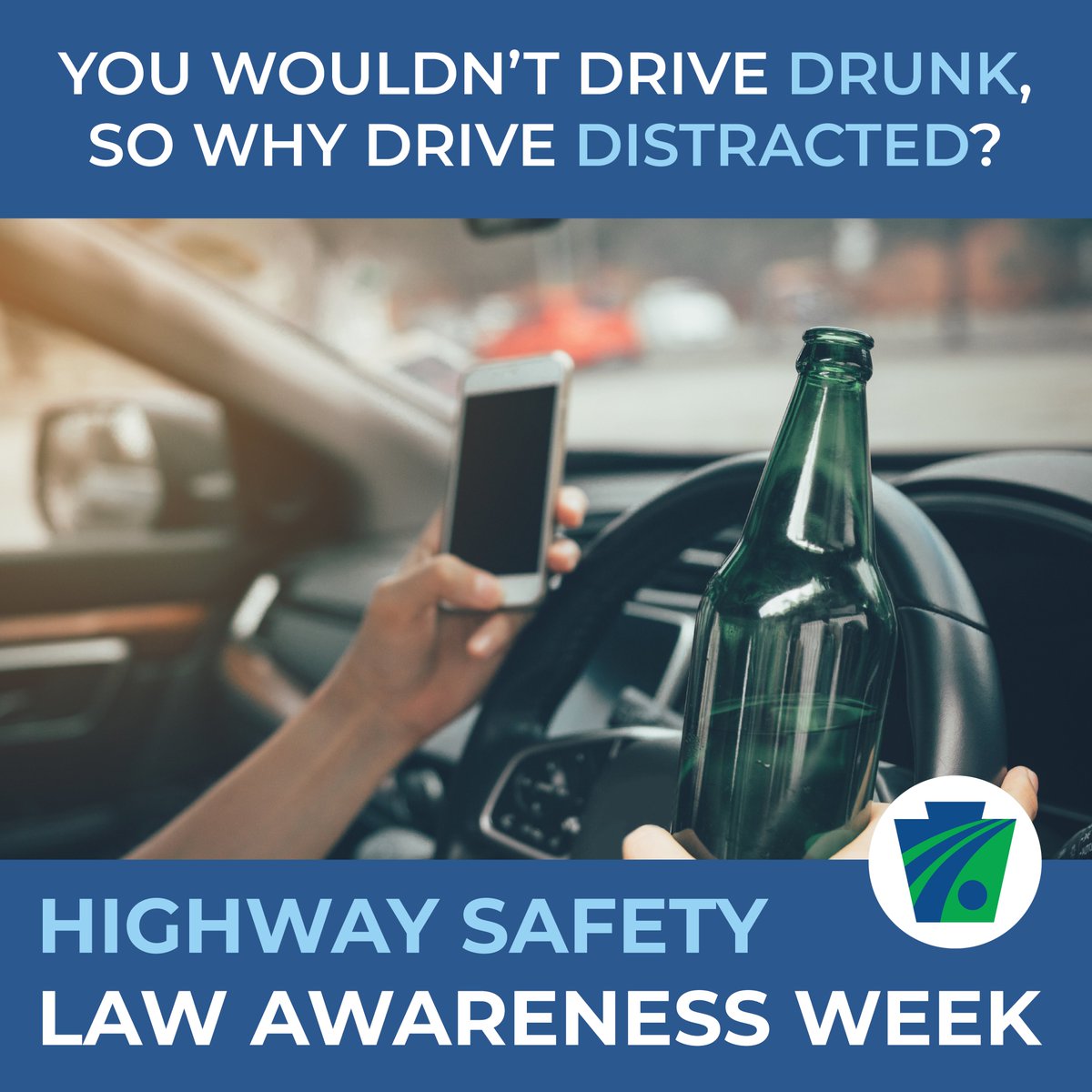 PennDOTNews's tweet photo. You wouldn’t drive drunk, so why drive distracted?
Cell phone use delays a driver's reactions as much as having a BAC of .08%.
Distracted driving is also illegal.
This June, Paul Miller’s Law makes it illegal to hold a mobile phone while driving.
#PALaw #BeSafePA https://t.co/Ia1M3SglgA