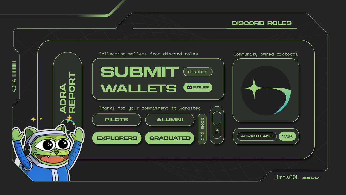 1/ Announcement by Adra

Submit your wallet now if you have specific roles on our Discord.

Thanks for your commitment to Adrastea from the start, and we're dedicated to giving back to our community.

For a limited time only, here’s a step-by-step on how to submit 🧵⤵️