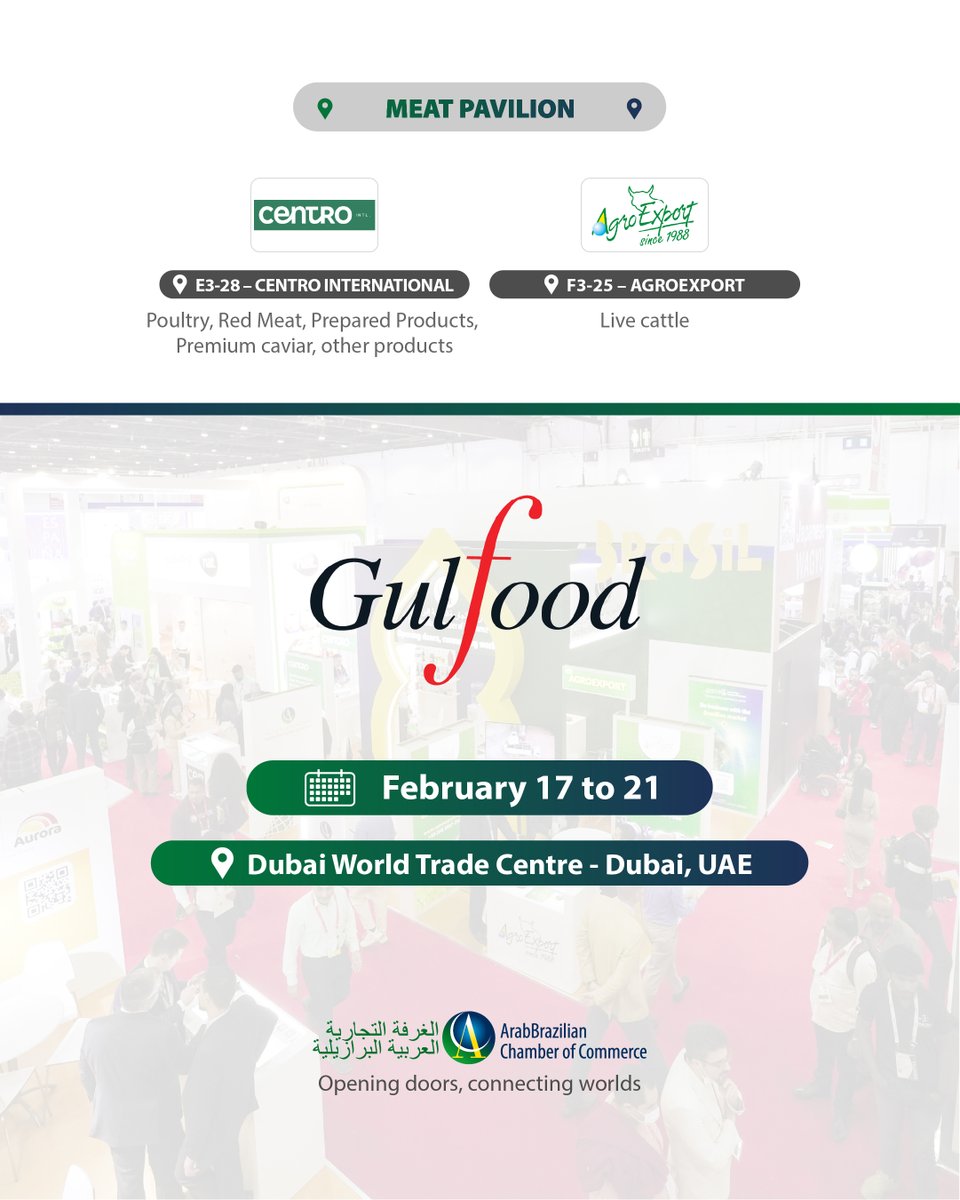 abcc_mea's tweet image. Gulfood 2025 is coming! Discover the exhibiting companies at the two Arab-Brazilian Chamber booths at the biggest food and beverage exhibition in the Middle East, taking place in Dubai, United Arab Emirates, from February 17 to 21.
#ABCC #Gulfood2025
