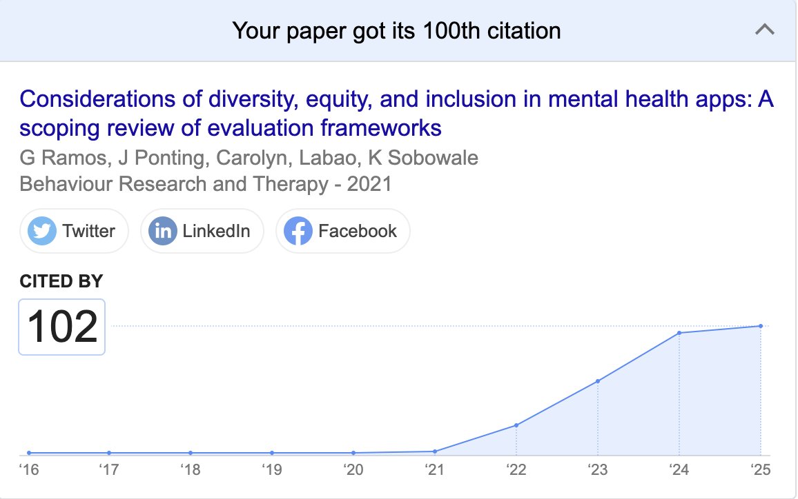 Writing this paper was crucial in refining my thinking of strategies to advance equity in digital mental health treatments.  It's nice to see that it has achieved a modest but encouraging milestone 🤓

scholar.google.com/citations?view…