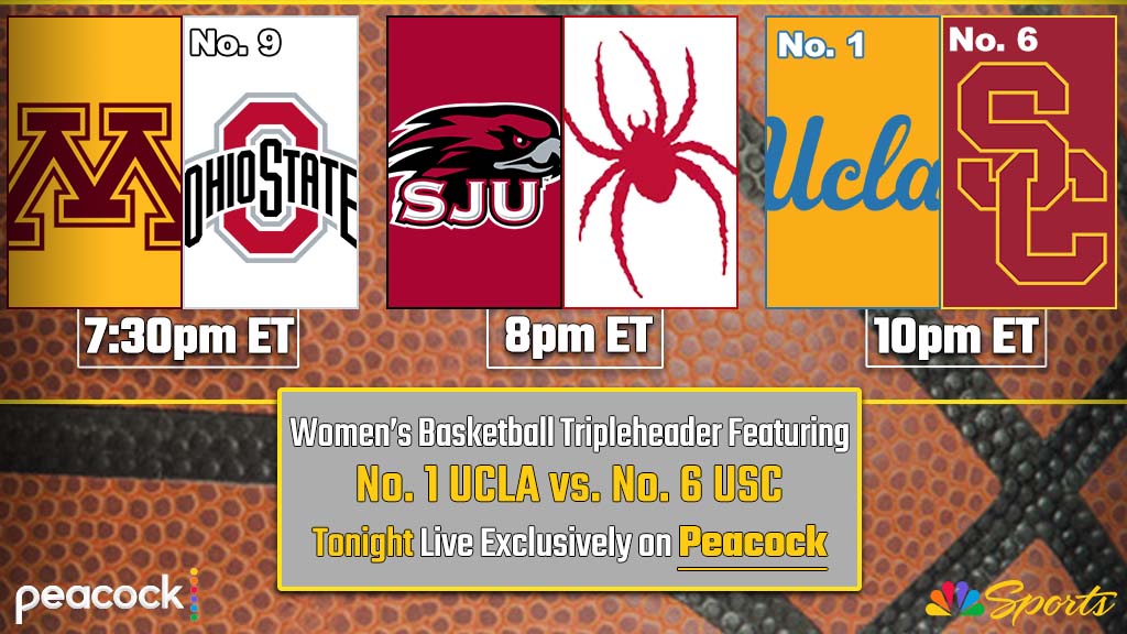 No. 6 <a href="/USCWBB/">USC Women's Basketball</a> hosts undefeated No. 1 <a href="/UCLAWBB/">UCLA Women's Basketball</a> tonight at 10pm ET as part of <a href="/peacock/">Peacock</a>-exclusive  women's college basketball tripleheader.

Details: nbcsports.com/pressbox/press…
