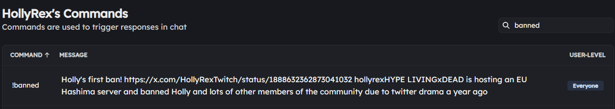 NAyRAM00's tweet photo. HollyRex is the 1st streamer I see having a command on their channel about getting banned by some random dude on his own server! This is something to celebrate about! This is what TRMZ would call a very petty person right? https://t.co/8VmzeYO7hP