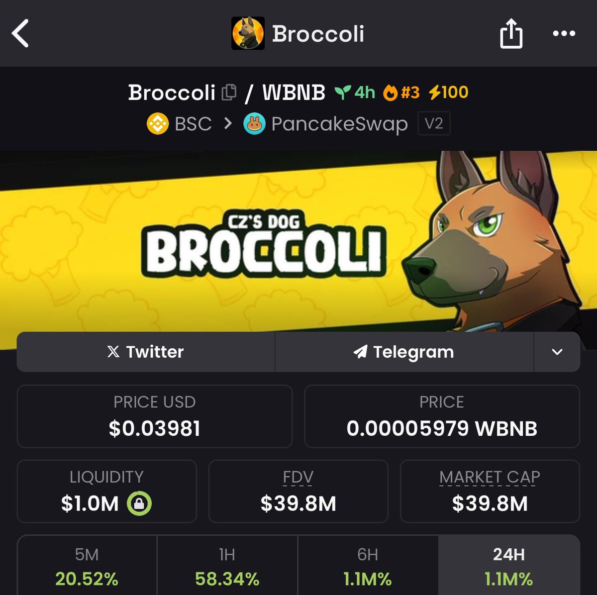 OG #BROCCOLI is running 🔥

Told you mfers not to fade me!

<a href="/CZDog_Broccoli/">@TheBroccoliDog</a> 🐕

<a href="/cz_binance/">CZ 🔶 BNB</a> we found a winner 📈