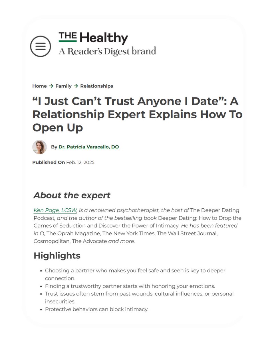 KenPageLCSW's tweet photo. I am so excited and happy to share this in-depth wonderful article in @readersdigest @TheHealthy, sharing my insights about trust and love. It was a privilege to be able to go into such depth with you around this deeply important topic.

#Deeperdating® #deeperdatingpodcast https://t.co/yphfvTU2Ah