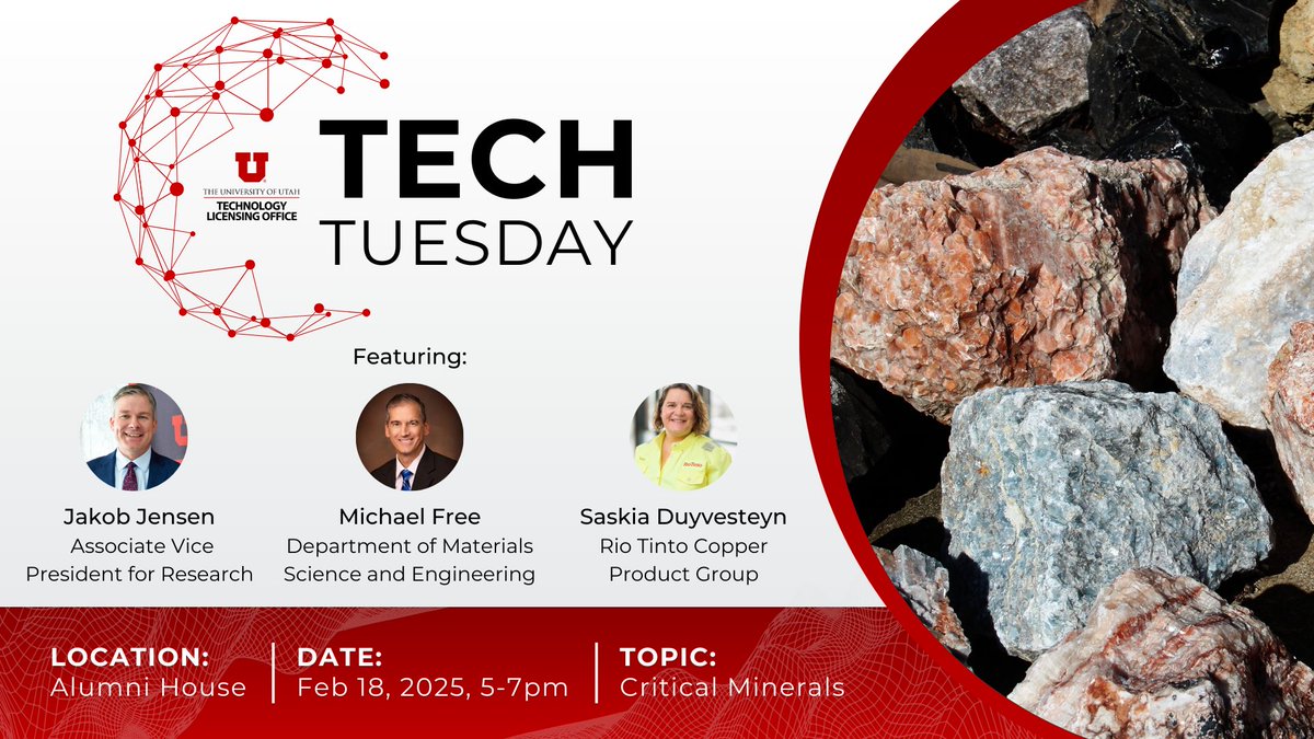 University of Utah Technology Licensing Office (@utechlicensing) on Twitter photo Join us on Tech Tuesday for discussions about research collaboration and critical minerals innovation βοΈ
βοΈ Featuring experts from <a href="/RioTinto/">Rio Tinto</a> and <a href="/UUtah/">University of Utah</a>
π
Feb 18, 5-7pm
π Alumni House
π· Drinks & appetizers (21+)
Learn more: lnkd.in/gYUuc4V7
#CriticalMinerals #UofU Join us on Tech Tuesday for discussions about research collaboration and critical minerals innovation βοΈ
βοΈ Featuring experts from <a href="/RioTinto/">Rio Tinto</a> and <a href="/UUtah/">University of Utah</a>
π
Feb 18, 5-7pm
π Alumni House
π· Drinks & appetizers (21+)
Learn more: lnkd.in/gYUuc4V7
#CriticalMinerals #UofU