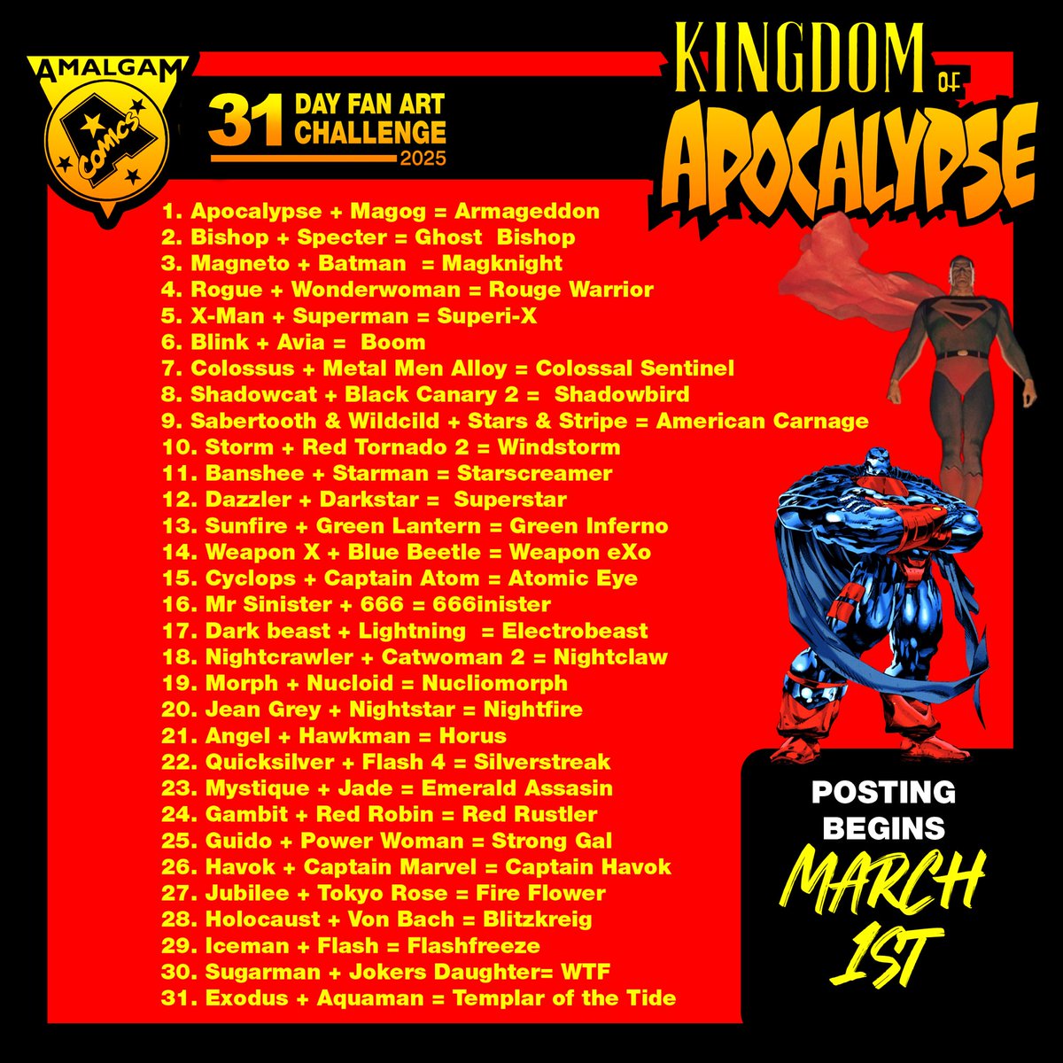 Starting MARCH 1st… #amalgam2025 KINGDOM OF APOCALYPSE ❌ Please share with all your comic artist and enthusiast friends! I hope to see you all there with some amazing designs! ❌ #marvelcomics #amalgamcomics #dccomics #ageofapocalypse #xmen
