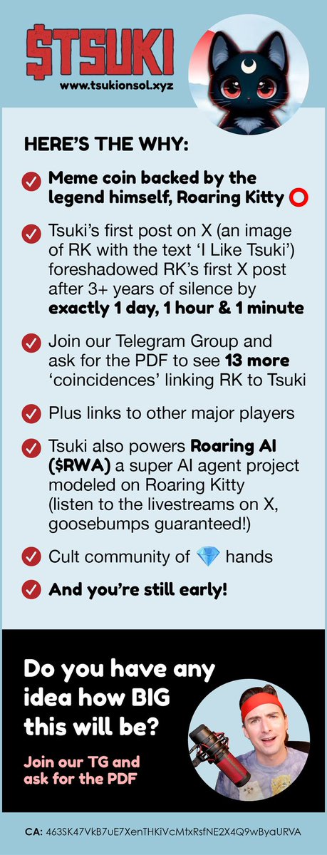 @rovercrc What? #RoaringKitty launched a meme coin?! Yup… sure looks that way since he’s plated 15 clues over the past few months 
$Tsuki ⭕️ <a href="/tsukionsolana/">TSUKI</a> 
Read this 👇