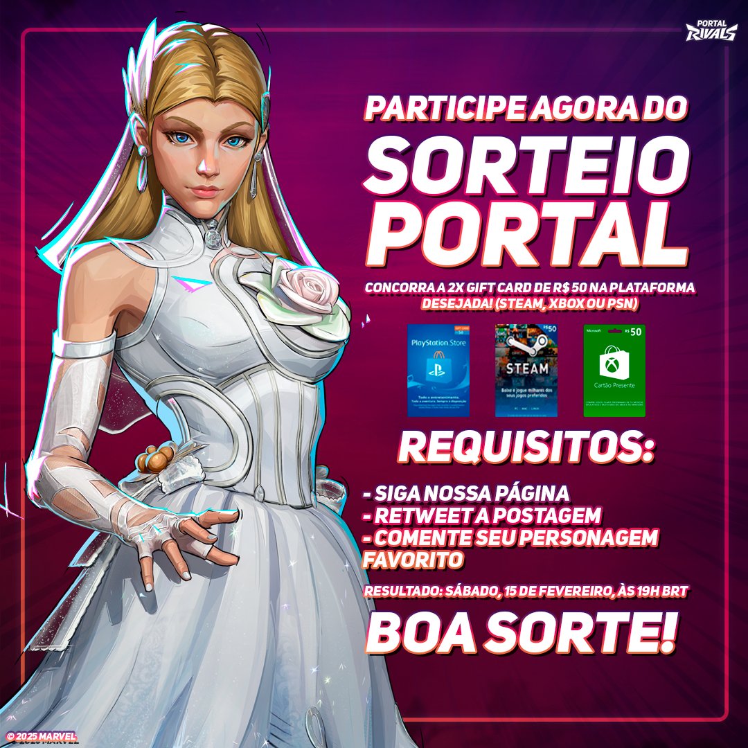 Quer um Passe de Batalha do #MarvelRivals? 😱   

Duas pessoas da comunidade serão sorteadas para receber 01 Cartão Presente de R$ 50 (Steam, Xbox ou PSN)! 💰

Requisitos:   
- Siga nossa página
- Retweet o post
- Comente seu personagem favorito!

Resultado: 15/02, 19h BRT! 🇧🇷
