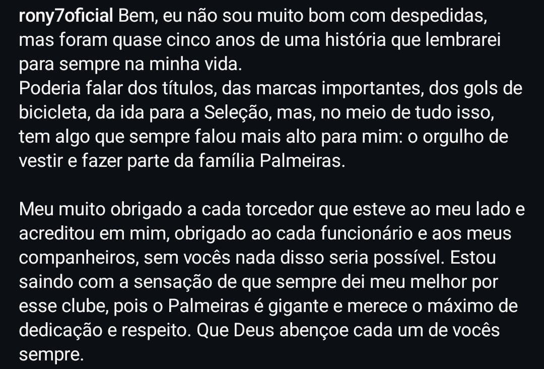 🚨 Rony se despede do palmeiras em suas redes sociais.