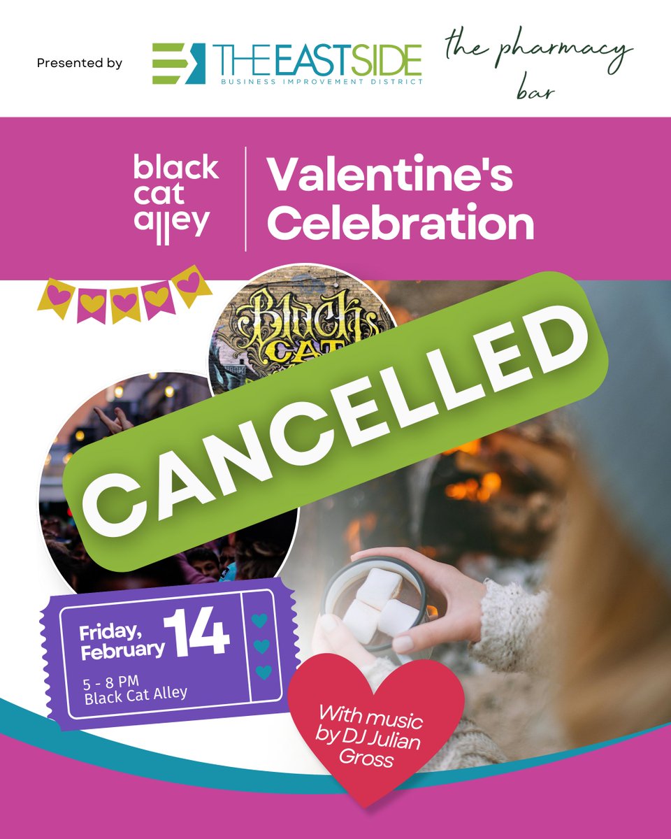 Mother Nature had other plans for our Black Cat Alley Valentine’s celebration! With yesterday’s snowstorm and more on the way tomorrow, we’ve made the tough decision to cancel the event for everyone’s safety.

Thank you for understanding! 💕