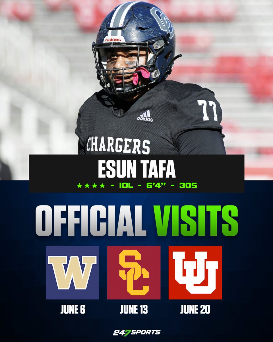 Washington, USC and Utah have secured official visit dates with Draper (Utah) Corner Canyon four-star offensive lineman Esun Tafa:  247sports.com/article/top247…