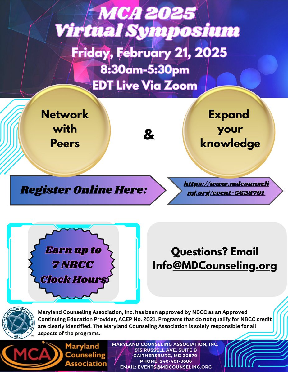 md_counseling's tweet photo. Missed MCA’s Annual Conference? Don’t worry! Join us for MCA’s Spring Virtual Symposium on February 21st at 8:30 AM. This event features expert-led sessions on Trauma, the Impact of AI on the Workforce, ADHD Diagnosis Dilemmas, Ethics, and more! https://t.co/e2SdFQwCux