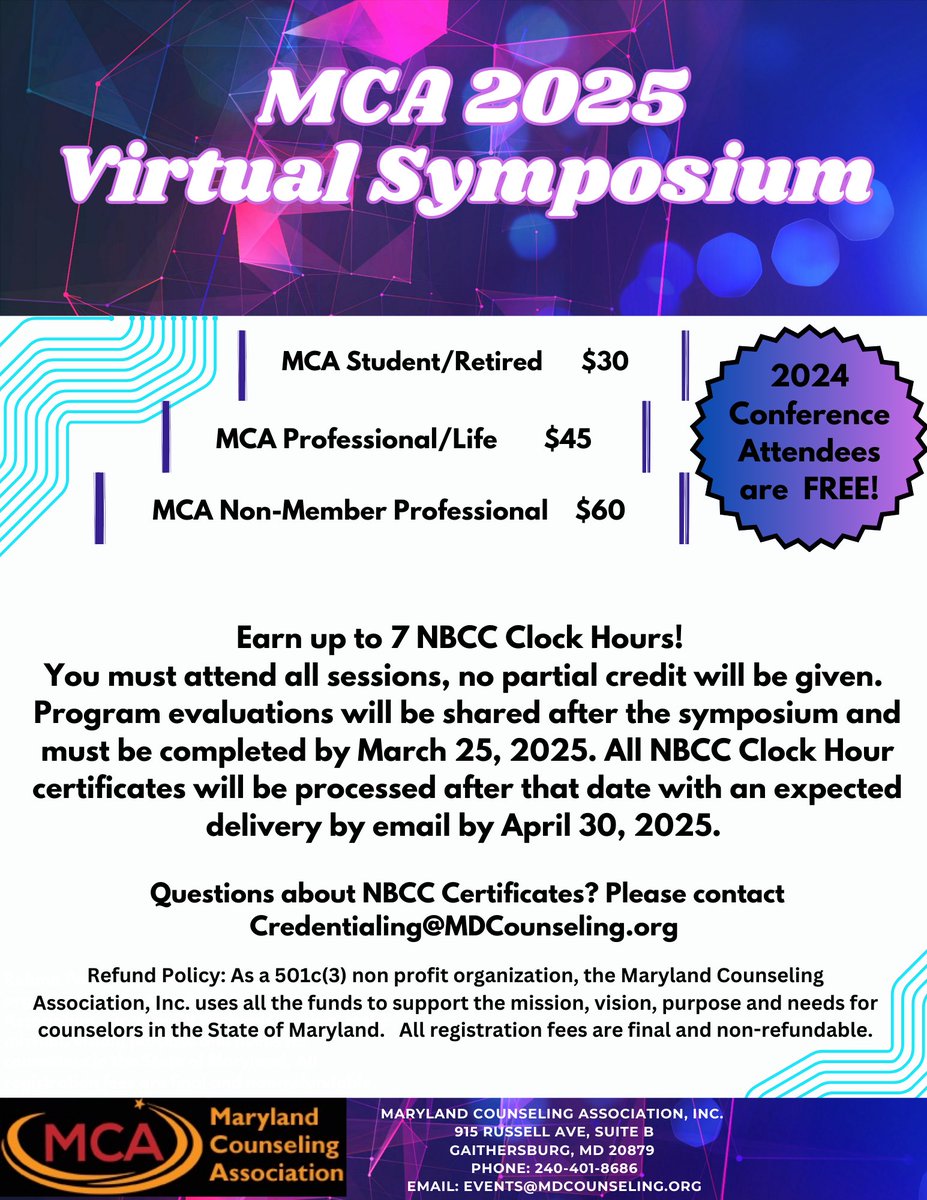 md_counseling's tweet photo. Missed MCA’s Annual Conference? Don’t worry! Join us for MCA’s Spring Virtual Symposium on February 21st at 8:30 AM. This event features expert-led sessions on Trauma, the Impact of AI on the Workforce, ADHD Diagnosis Dilemmas, Ethics, and more! https://t.co/e2SdFQwCux