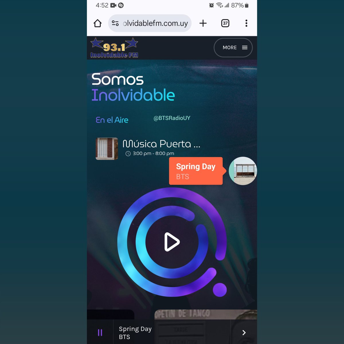 BTSRadioUY's tweet photo. ๐ป | Radio
ยกSonรณ #SpringDay de @BTS_twt en @Inolvidable_FM 93.1! ๐ธ
Gracias a โMรบsica Puerta a Puertaโ por programar la canciรณn y ARMY que solicitรณ para celebrar su aniversario ๐
#SuenaBTSenUruguay #8YearswithSpringDay https://t.co/ZByuhWaoMp