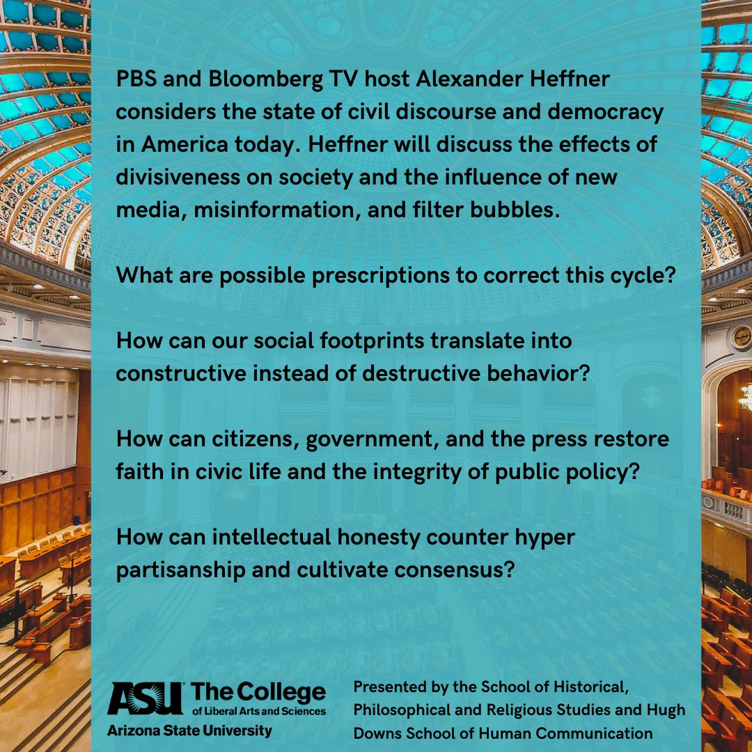 SHPRS at ASU (@asu_shprs) on Twitter photo Join us for an evening with Alexander Heffner from PBS and Bloomberg TV, presented by SHPRS and <a href="/asuhdshc/">The Hugh Downs School of Human Communication</a>.
๐๏ธ Wednesday, February 26
โฐ 2โ3:30 p.m.
๐Coor Hall 4403
Learn more and register today: ow.ly/kJt950UZGZw
#ASUHumanities #CivilDiscourse Join us for an evening with Alexander Heffner from PBS and Bloomberg TV, presented by SHPRS and <a href="/asuhdshc/">The Hugh Downs School of Human Communication</a>.
๐๏ธ Wednesday, February 26
โฐ 2โ3:30 p.m.
๐Coor Hall 4403
Learn more and register today: ow.ly/kJt950UZGZw
#ASUHumanities #CivilDiscourse