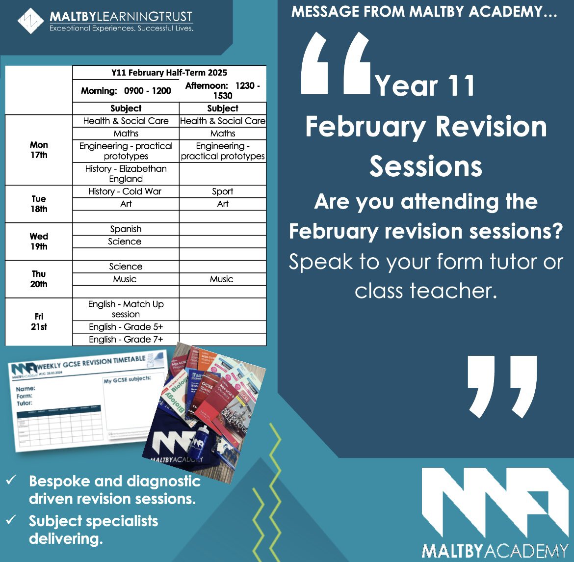MaltbyAcademy's tweet image. Year 11​ 📢
February Revision Sessions
Are you attending the February revision sessions?
Speak to your form tutor or class teacher. ​
#achieve #gradechasers