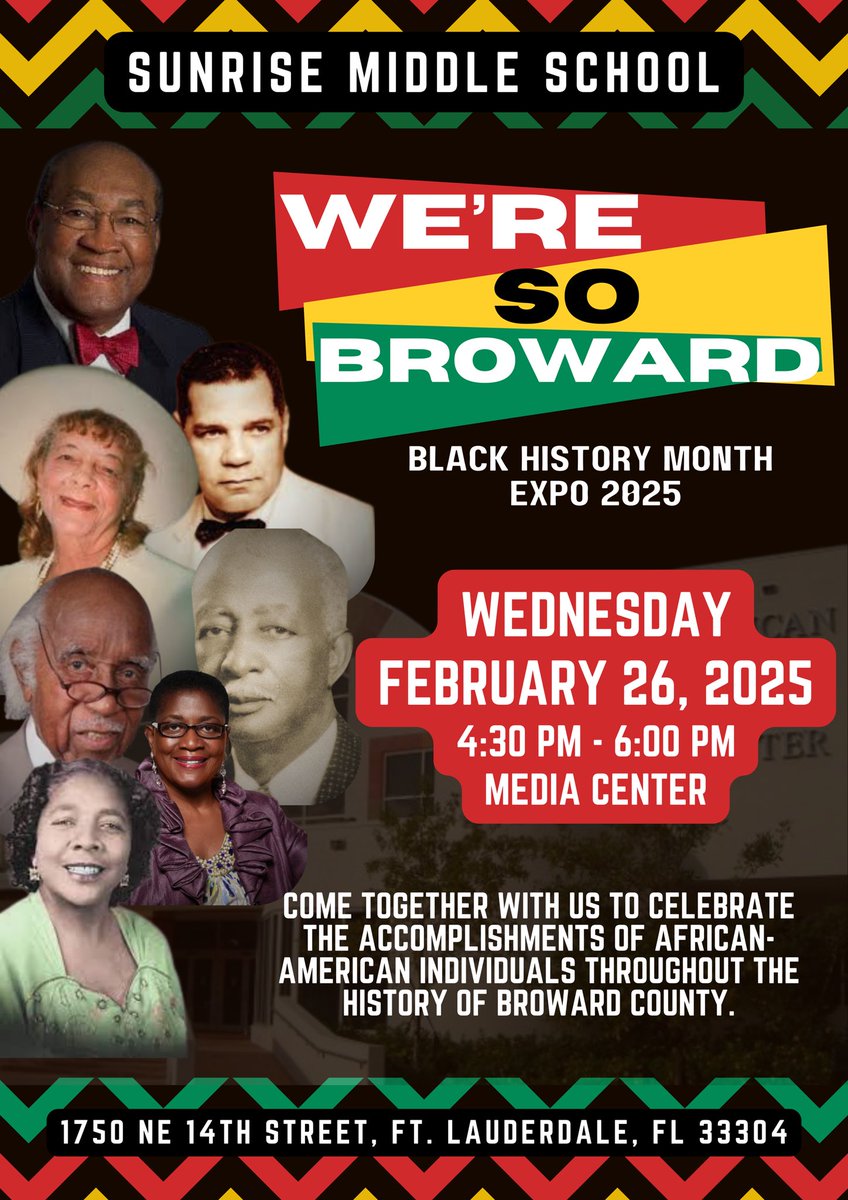 Join us for <a href="/SunriseFalcons/">Sunrise Middle School</a> Black History Expo - We’re So Broward” on 2/26 at 4PM! Celebrate Broward’s Black history, culture, and achievements with us. Don’t miss out on this inspiring event! #falconpride #smsbhm2025 <a href="/AtwoodPrincipal/">Ryan Atwood</a> <a href="/JAY_R_SOHN/">Jay Sohn</a> <a href="/Ms_AAustin/">𝑀𝓈. 𝒜𝓊𝓈𝓉𝒾𝓃</a> <a href="/GreenThaddius/">Thaddius Green</a>