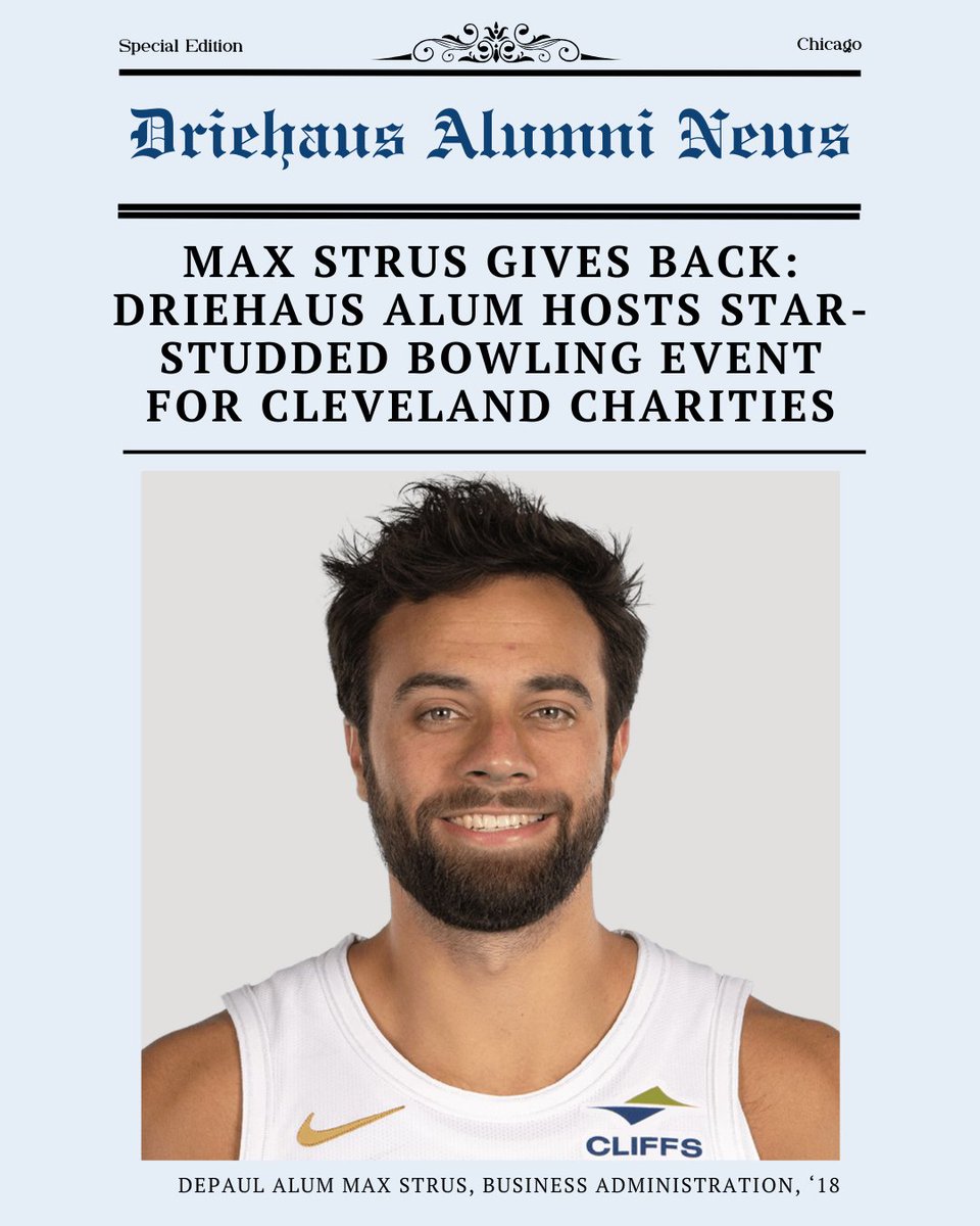 DePaulBusiness's tweet photo. Giving back in style 🎳 Driehaus alum & @cavs guard #MaxStrus brought Cleveland together for a great cause with his Bowl in the Land charity event!
He & teammates raised funds for local charities—all while having fun at the lanes. See the full story! ➡️ https://t.co/Kq1XPb4qpK https://t.co/WTLhUuWmBY