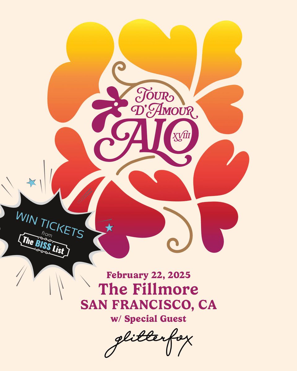 jrapp1's tweet photo. Tour D’Amour time… ALO at the Fillmore Feb 22nd! a grand San Francisco tradition!

@FillmoreSF 
@BISSList https://t.co/YfrTvqmkEP