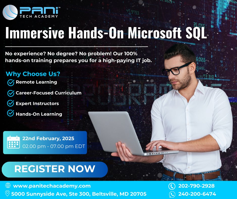 PanitechAcademy's tweet image. Master Microsoft SQL Server with Our Immersive Hands-On Bootcamp!

Take the next step in your IT career and become proficient in one of the most in-demand database technologies.

Click here: bit.ly/41cptfx

#SQL #MicrosoftSQL #SQLServer