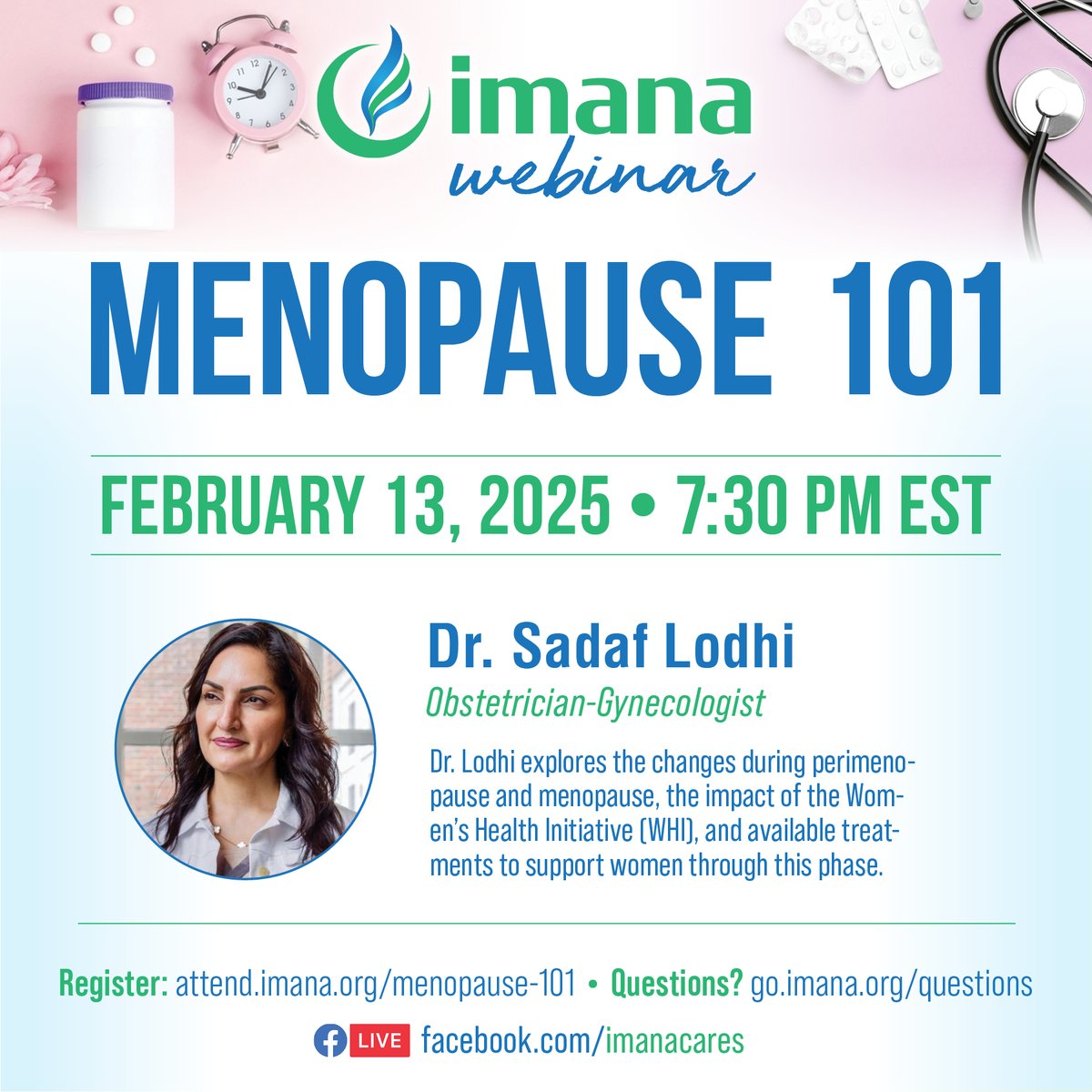 imanacares's tweet image. Join us an insightful webinar on perimenopause &amp;amp; menopause! Learn about key changes, the impact of the WHI, and effective treatments.

Dr. Lodhi, a 20+ year OBGYN, menopause expert &amp;amp; TEDx speaker, shares her expertise.

Register: attend.imana.org/menopause-101

#IMANAcares #Menopause101