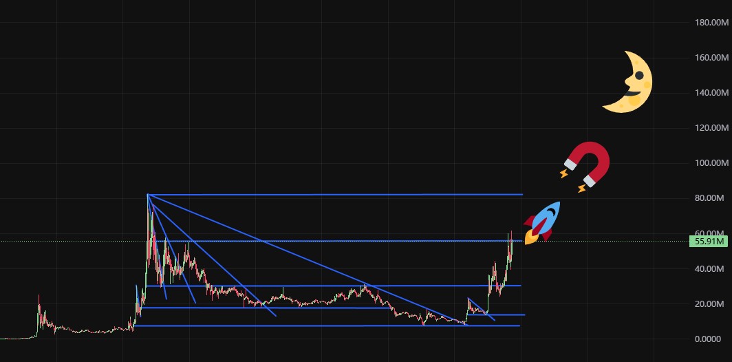 Updates:
See the full picture anon.  
As always, take out your initials and profits leaving moon bags at TP points.  
TP 1:🟢
TP 2:🟢
TP 3: 80M 
Half Moon: 120M 
Send it.       

#FullSend