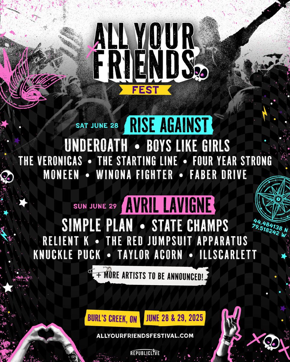Avril Lavigne (@avrillavigne) on Twitter photo Another fun summer festival added to the tour run !!! Looking forward to headlining <a href="/AYFFest/">All Your Friends Fest</a> in Burls Creek, Ontario with <a href="/simpleplan/">Simple Plan</a> so many other great acts!
The rest of the lineup is here!
See you June 29th, Canada! Another fun summer festival added to the tour run !!! Looking forward to headlining <a href="/AYFFest/">All Your Friends Fest</a> in Burls Creek, Ontario with <a href="/simpleplan/">Simple Plan</a> so many other great acts!
The rest of the lineup is here!
See you June 29th, Canada!