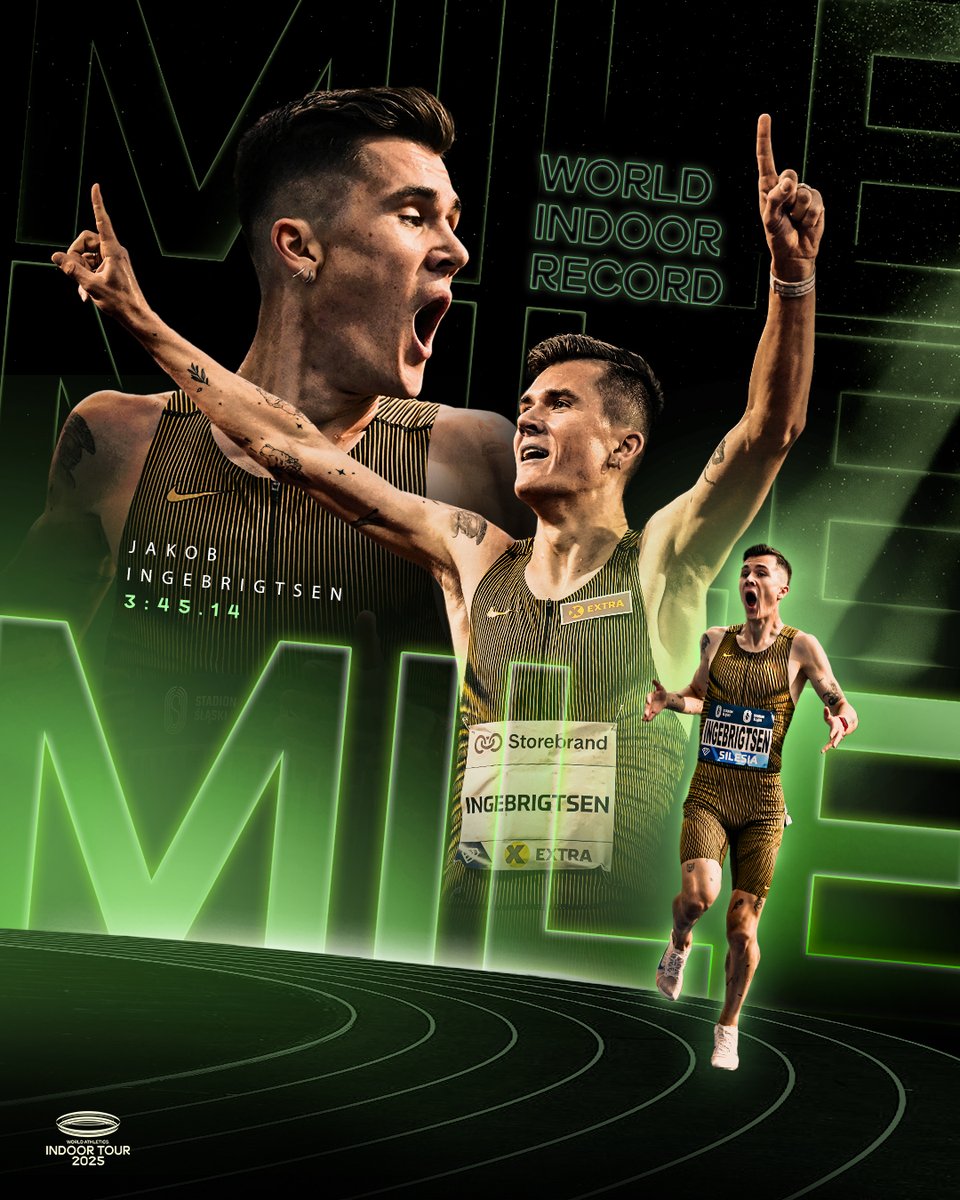 New King of the Indoor Mile 👑

🇳🇴’s Jakob Ingebrigtsen takes down the indoor mile world record with 3:45.14 in Liévin 🔥

He shaves 1.49 seconds off Yared Nuguse’s mark from last weekend 😤

He also breaks the 1500m WR clocking in at 3:29.63 🤯

#WorldIndoorTour