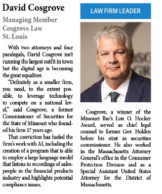 Congratulations to David Cosgrove on his Law Firm Leader award from Missouri Lawyer's Media. Well Deserved! 👏