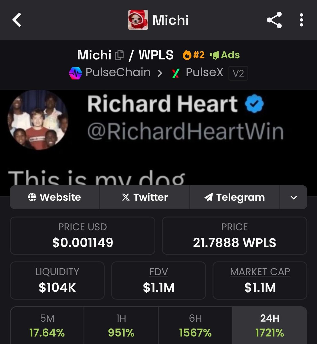 Buy higher now. This was and is the OG dog meme on #pulsechain $pls. Let's send it to millions no matter how much force is needed 🔥🔥🔥

dexscreener.com/pulsechain/0xf…

$HEX $PTGC $PDAI $INC $PLSX $BEAR $SOL $ADA