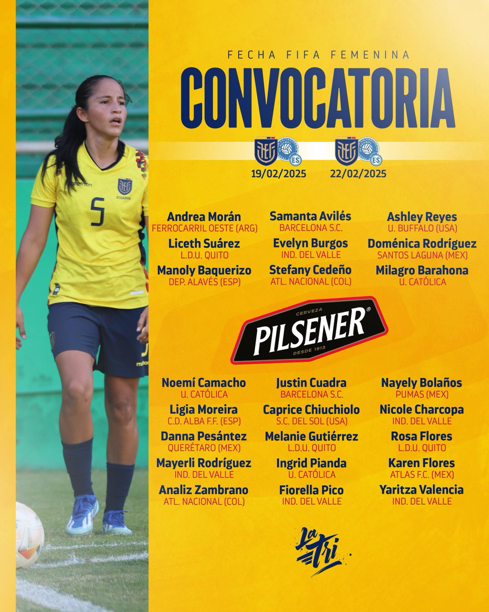 📋 𝙉𝙪𝙚𝙨𝙩𝙧𝙖𝙨 𝙘𝙤𝙣𝙫𝙤𝙘𝙖𝙙𝙖𝙨 

Junto con <a href="/PilsenerEcuador/">Pilsener Ecuador</a> presentamos a la convocadas que estarán presentes en la Fecha FIFA Femenina del mes de febrero para enfrentar a El Salvador 🇸🇻.

#UnaSoLaTri 🇪🇨 | #VamosLaTri 🇪🇨