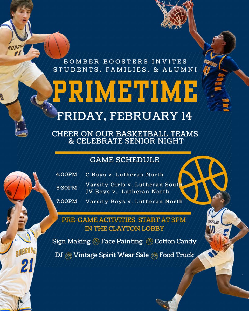 burroughssports's tweet photo. Come spend your Valentine’s Day with the Bombers! Our first ever Bomber Boosters event will have the campus buzzing all afternoon & evening. A full slate of basketball games along with food trucks and activities to kick off our first Primetime Bomber Booster event! #goBomb https://t.co/LSZX6LBF9m