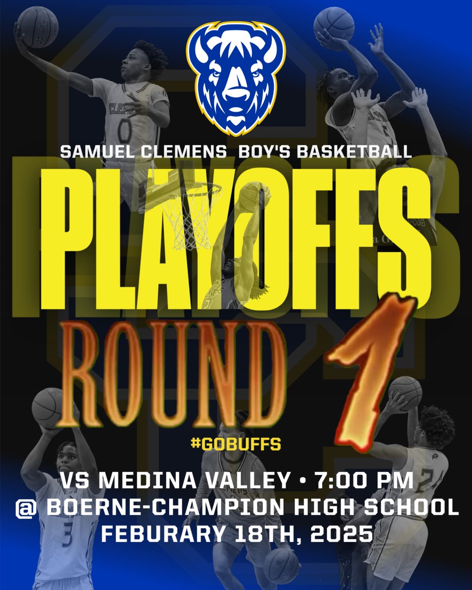 🚨 PLAYOFF TIME 🚨

Your Clemens Buffaloes are headed to the 1st Round of the Playoffs! 💪🏀

📅 Tuesday, February 18th
⏰ 7:00 PM
🆚 Medina Valley
📍 Boerne Champion High School

 Let’s pack the gym and bring the energy! 🔥 #GoBuffs #PlayoffTime