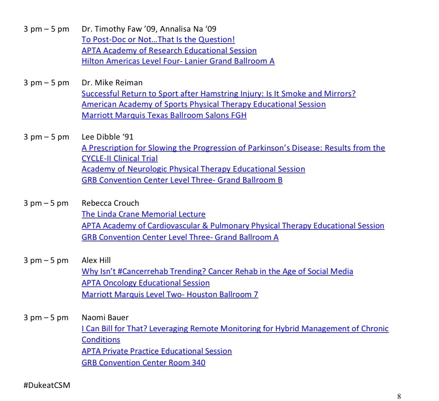 Duke_DPT's tweet image. Final #DukeatCSM sessions &amp;amp; platforms of Day 1 @dukealumni #dptfaculty @DukeOrtho @DukeMedSchool @DukeMSK @ResearchAPTA @aaspt_apta @APTANeuroPT @APTAcvp @APTAOncology @pps_apta @APTA_AcadPTEd @APTA_Geriatrics @APTA_official #APTACSM