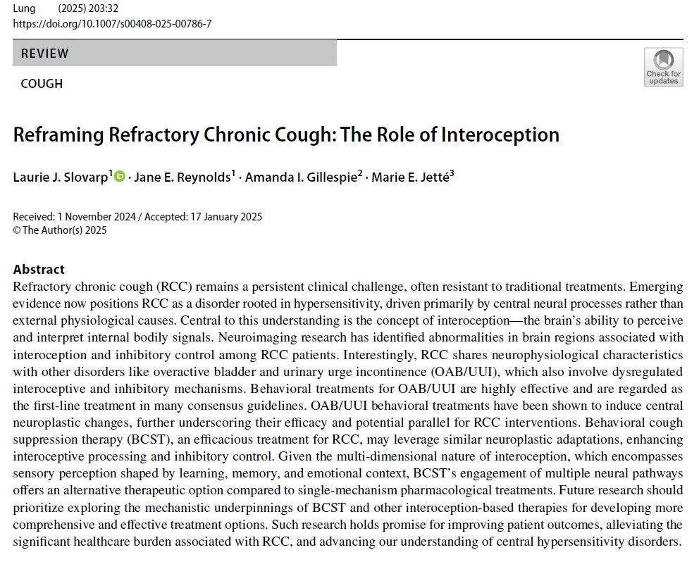 Slovarp &amp; colleagues (2025) published a new #review highlighting the role of #interoception in #ChronicCough. Insightful comparisons with overactive bladder #OAB &amp; urinary urge #incontinence. #OpenAccess #Lung
⬇️
bit.ly/4hEFsZI