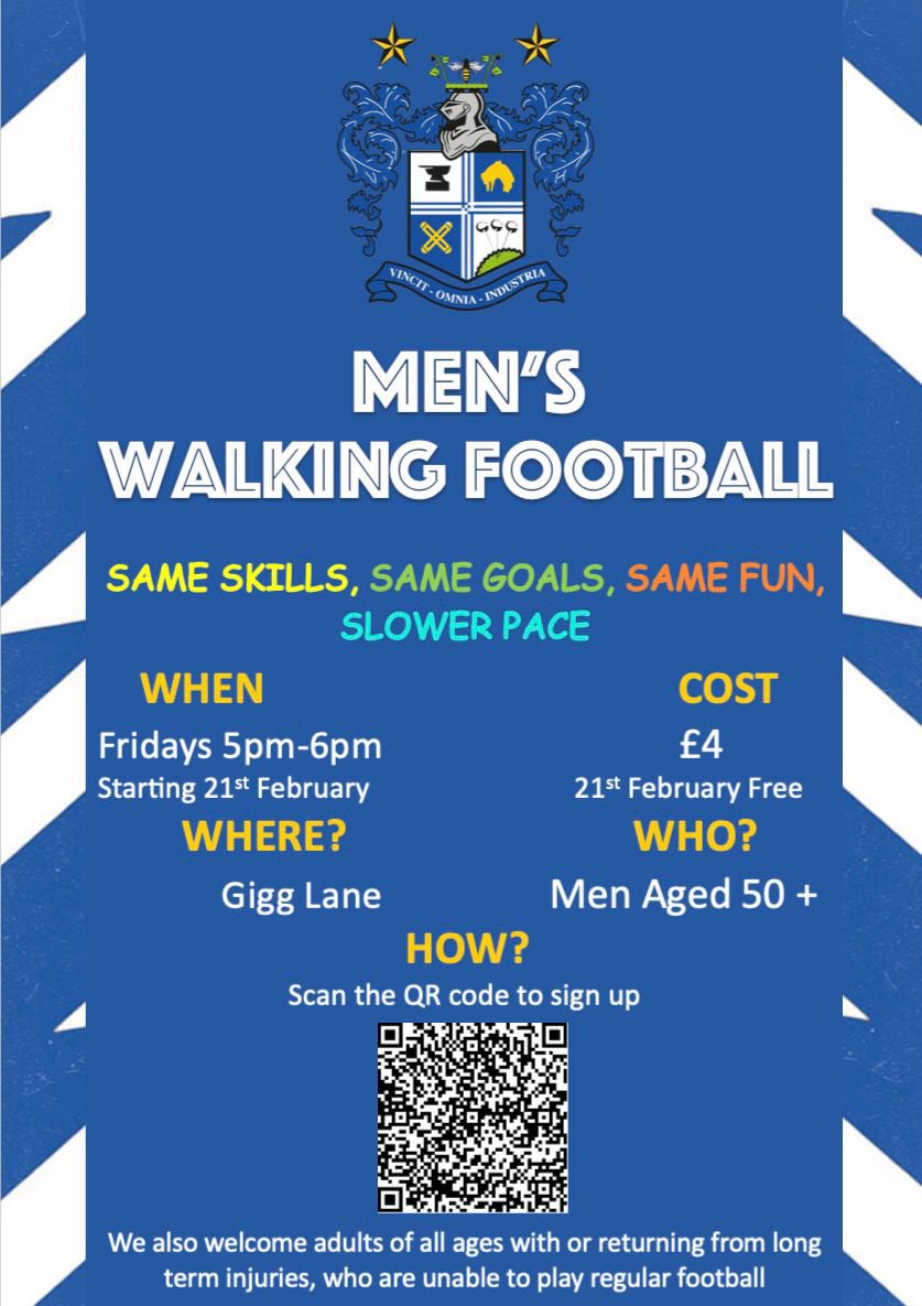 Buryfc_cotrust's tweet image. 🔵⚪️ WALKING FOOTBALL

Brand new walking football coming to Gigg Lane…for men &amp;amp; women (initially the session may be mixed gender). Sign up below and be PART OF IT! 

Women: book.englandfootball.com/JustPlay18/bur…

Men: book.englandfootball.com/JustPlay18/bur…

#BuryFC #PartOfIt #FootballForAll